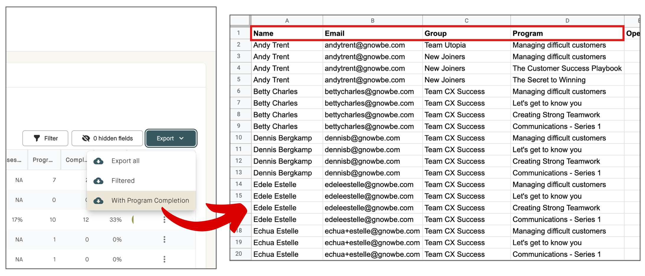 Exported learner analytics report will show every program from every group a learner belong to.